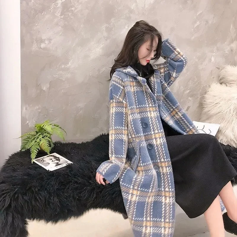 

Long Mink-Like Fur Coat in Autumn and Winter 2022 The New Foreign Style Korean Version Loose Thick Woolen Plaid Cardigan Jacket