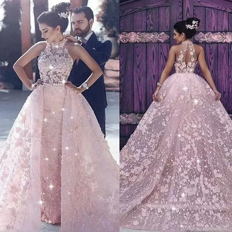 

Pink Mermaid Prom Dress Halter Lace Appliques Flowers Sleeveless High Neck Detachable Train Plus Size Bridal Gowns Party Tailor