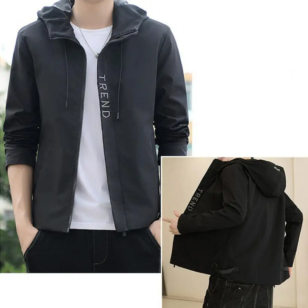 

Men Outerwear Drawstring Super Soft Pockets Alphabet Hood Cargo Coat Men Hoodie for Travel