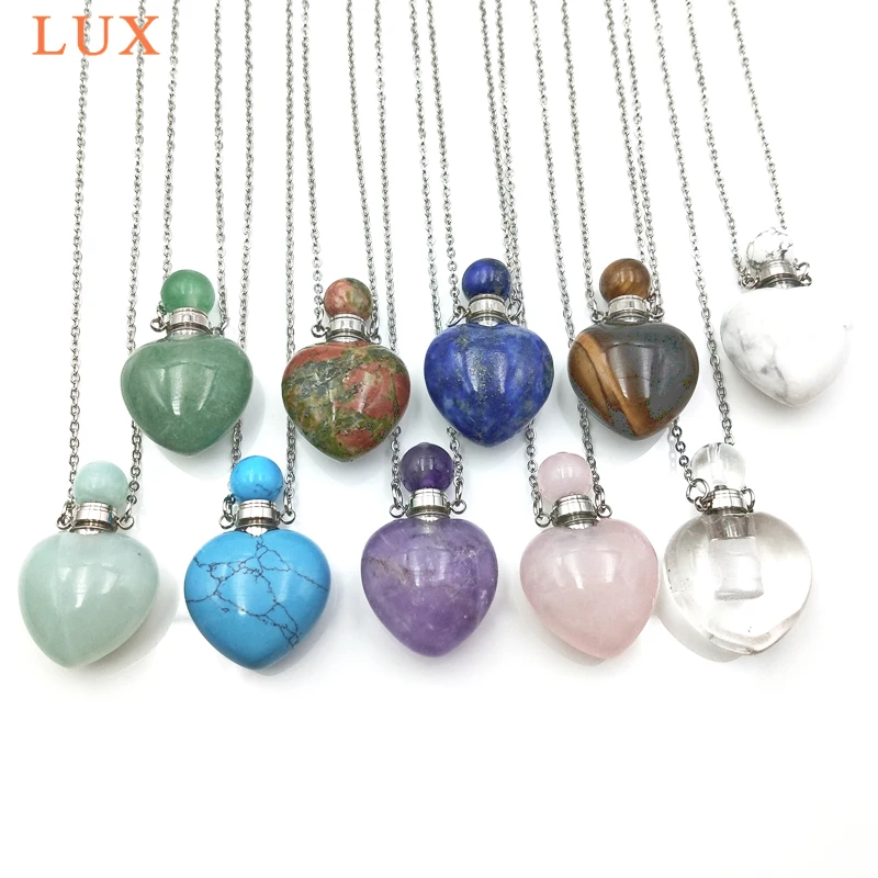 

Heart Shape Perfume Bottle Pendant Necklace Natural Gems Stone Pendant Chakra Crystal Quartz Essential Oils Bottle Women Jewelry
