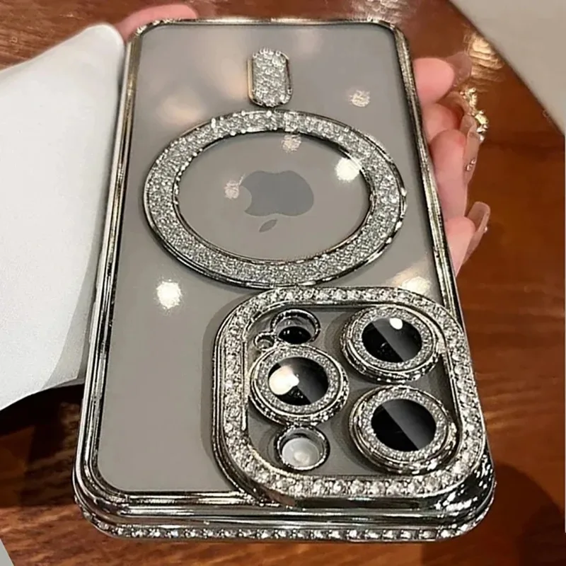 Фото New Fashion Glitter Diamond Transparent Case For iPhone 16 15 14 13 11 12 Pro Max 16 Plus Magnetic Wireless Charge Bumper Cover №2