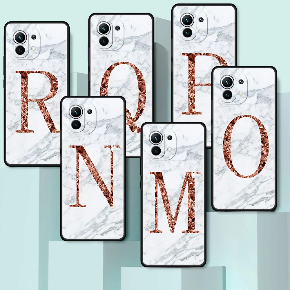 Letter R Q White Marble Case For Xiaomi Poco X3 NFC M3 F3 GT Redmi Note 9S 9 8 10 Pro K40 9C 9A 8T Black Soft Phone Cover