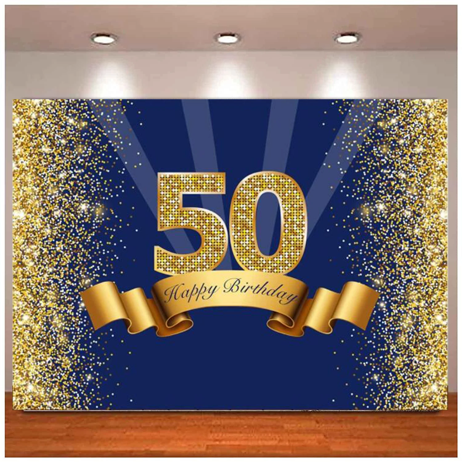 Photography Backdrop Navy Blue And Glitter Gold Background Shiny Adult Men 50th Fifty Years Old Age Birthday Party Decor Banner