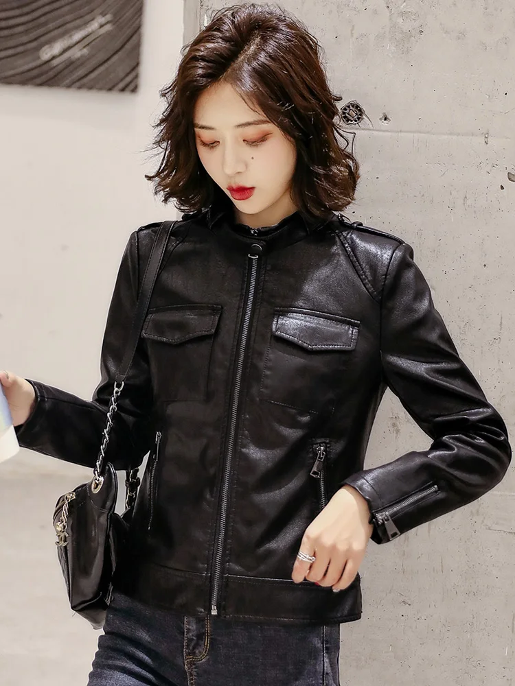 New Women Chic Pink Leather Jacket Spring Autumn Fashion Stand Collar Slim Short Sheepskin Jacket Split Leather Biker Outerwear