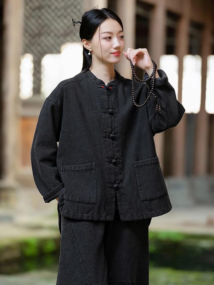 Осенне-зимний китайский кардиган в стиле ретро верхняя одежда женский Ramie Sand Fried