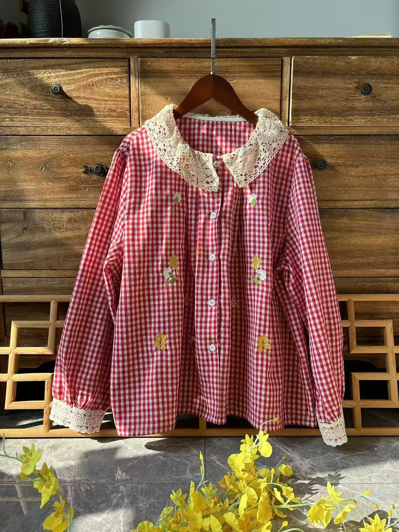 2021 японская винтажная одежда весенние кружевные рубашки и блузки в клетку с