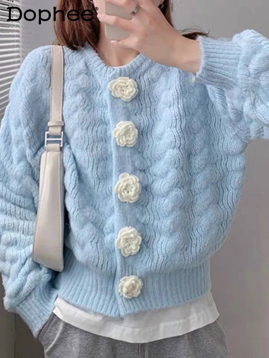

2022 Fall Winter New Blue Color Flower Button Sweater Women's Wave Pattern Mohair Knitted Cardigan Female Cropped Sweater Coat