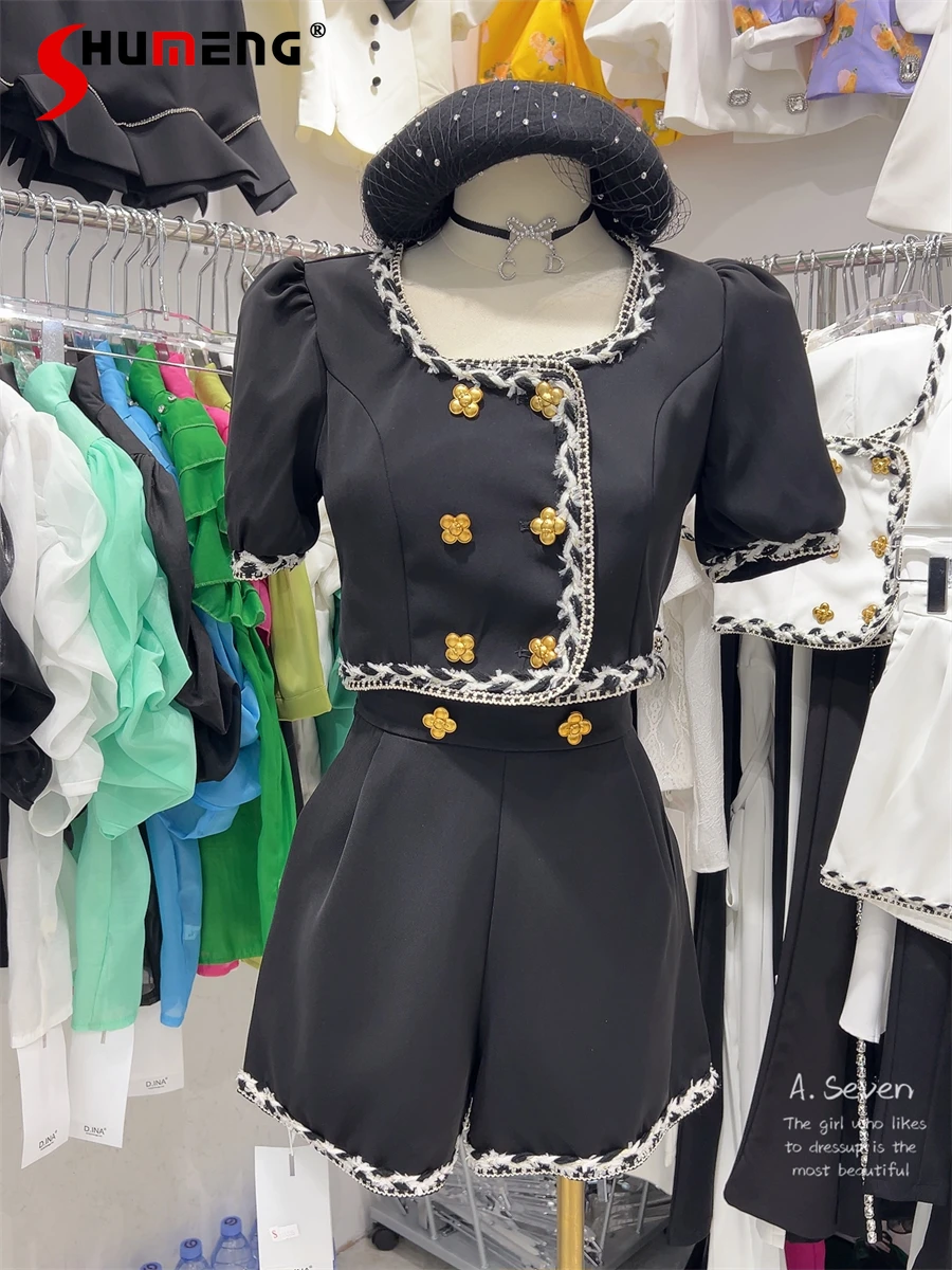 

High-End Buttons Black Shirt Top Shorts 2-Piece Set Women's Outfits Summer 2022 New Elegance Retro Casual Shorts Two-Piece Suit