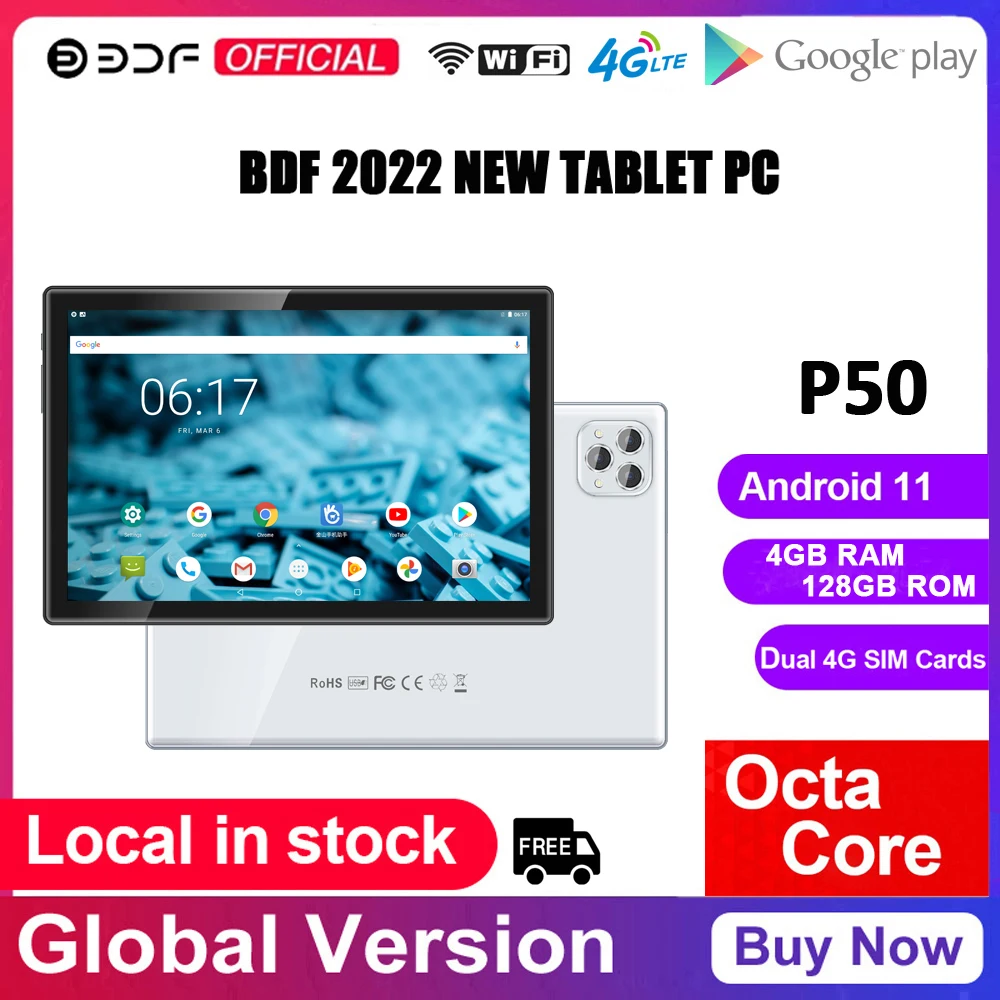 BDF World Premiere P50 Pro 10.1'' Tablet Pad 4GB RAM 128GB ROM Octa Core Android 11.0 Google GPS 4G LTE Network Dual SIM Cards