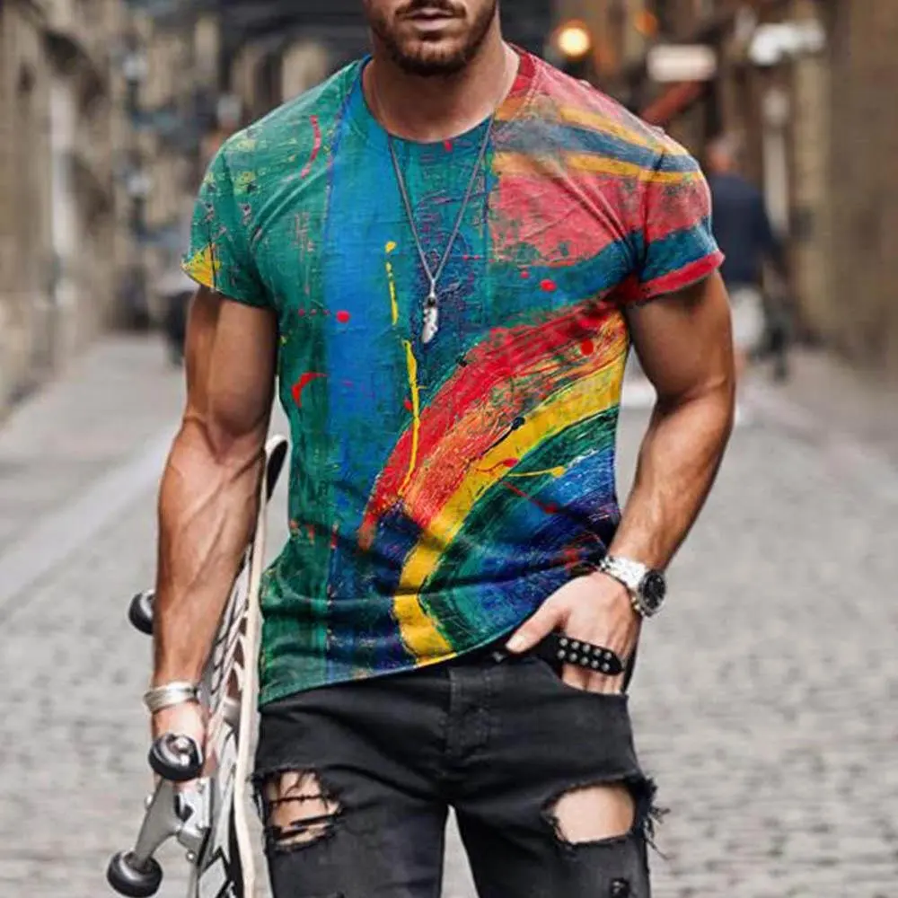 

2023 Latest Spring And Summer Men's British Style 3D Printing Street Oversized T-Shirt O Neck Top Short Sleeve Fashion Trend Gut