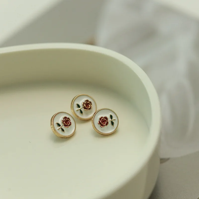 

5/10 Pcs Red Rose White Dot Oil Alloy Small Button For Top Shirt Cuff Collar Shirts Sweaters Home DIY Elegant Decorative Buttons