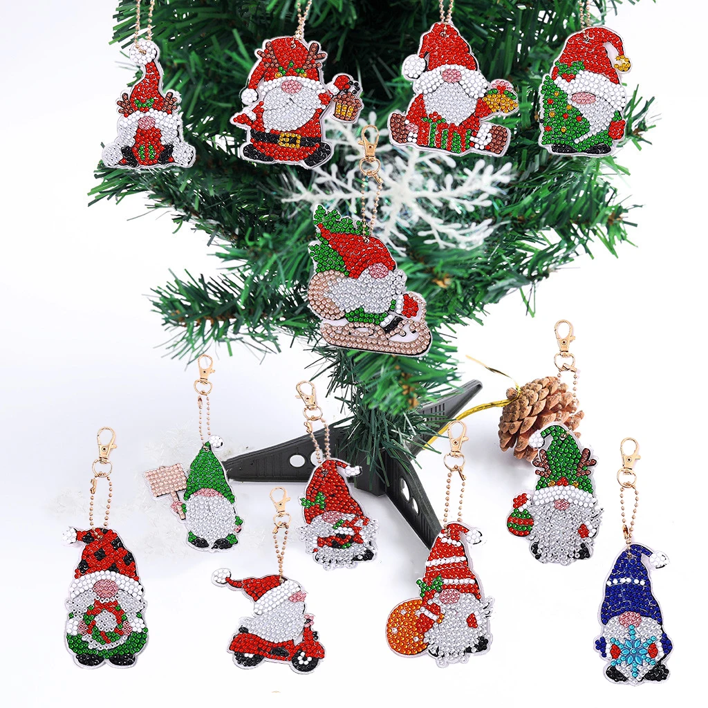 

12pcs 5D DIY Diamond Painting Keychain Cute Christmas Goblin Gnome Pendants Double-Sided Diamond Embroidery Navidad Noel Gifts