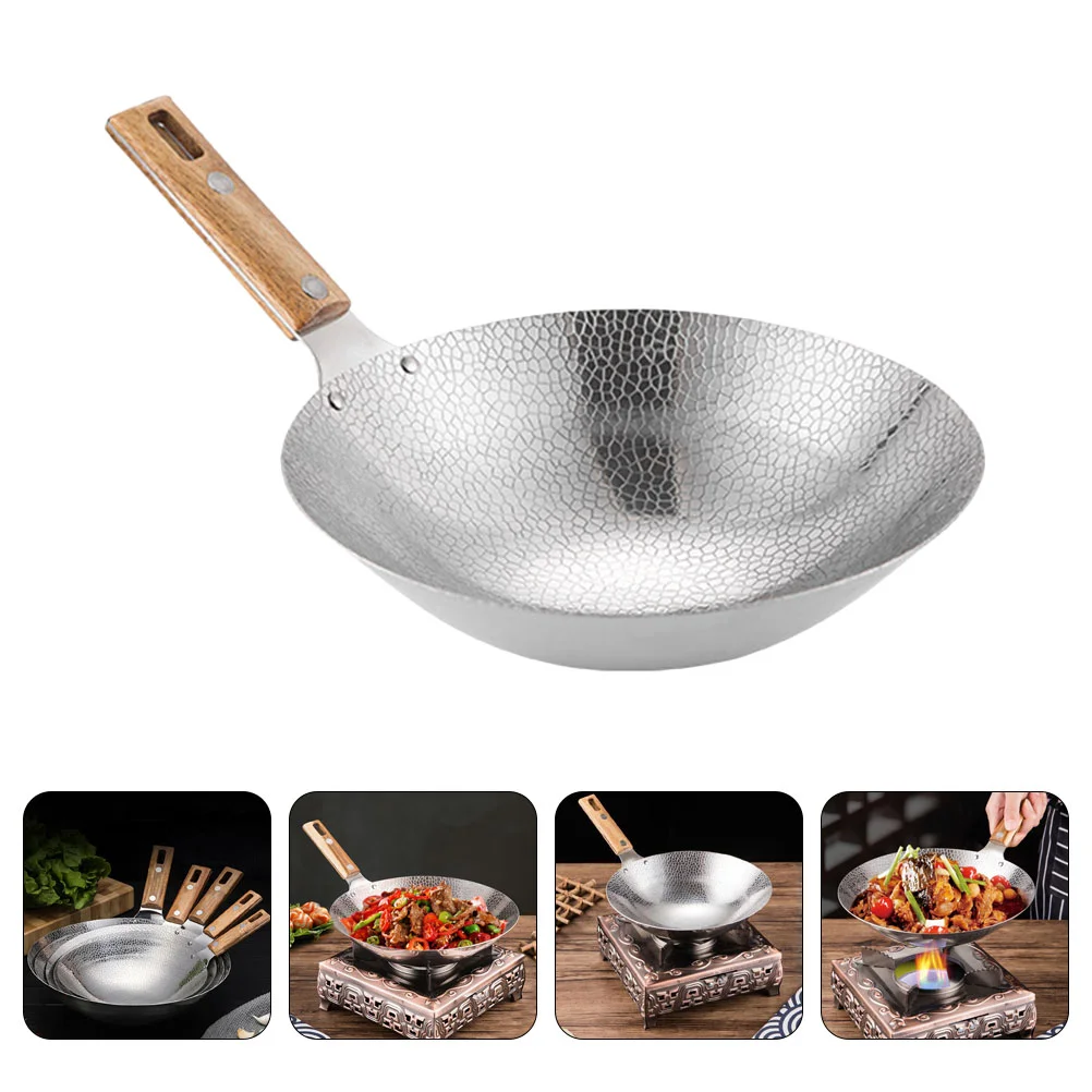 

22CM Cooking Wok Frying Pan Stainless Steel Wok Traditional Wok with Wooden Handle Gas Stove Cooking Wok Kitchen Cooking Pot