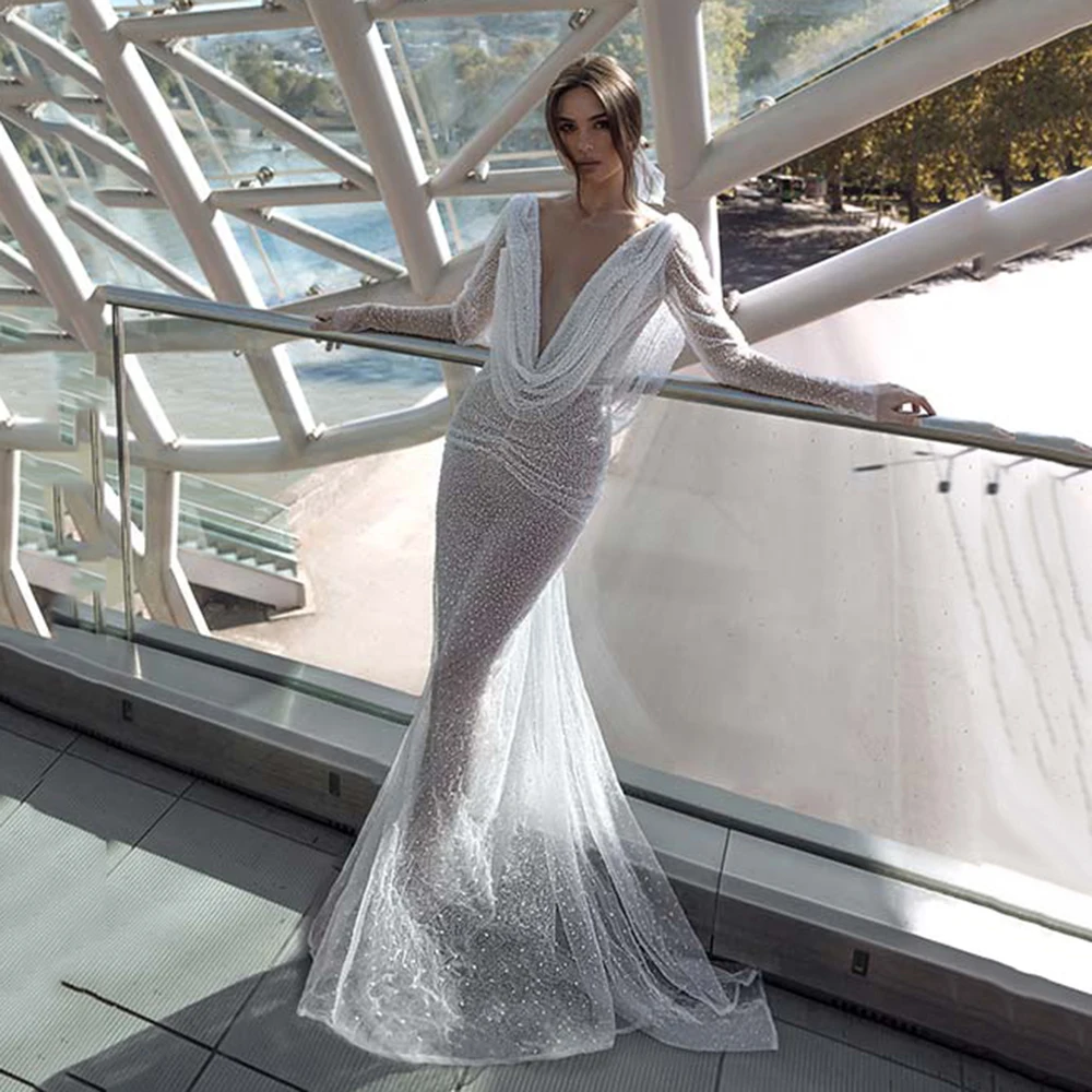 

UETEEY Sexy Mermaid Wedding Dress Illusion Bride Gowns Sweep Train 2022 V-Neck Long Sleeves Beading Vestido De Noiva