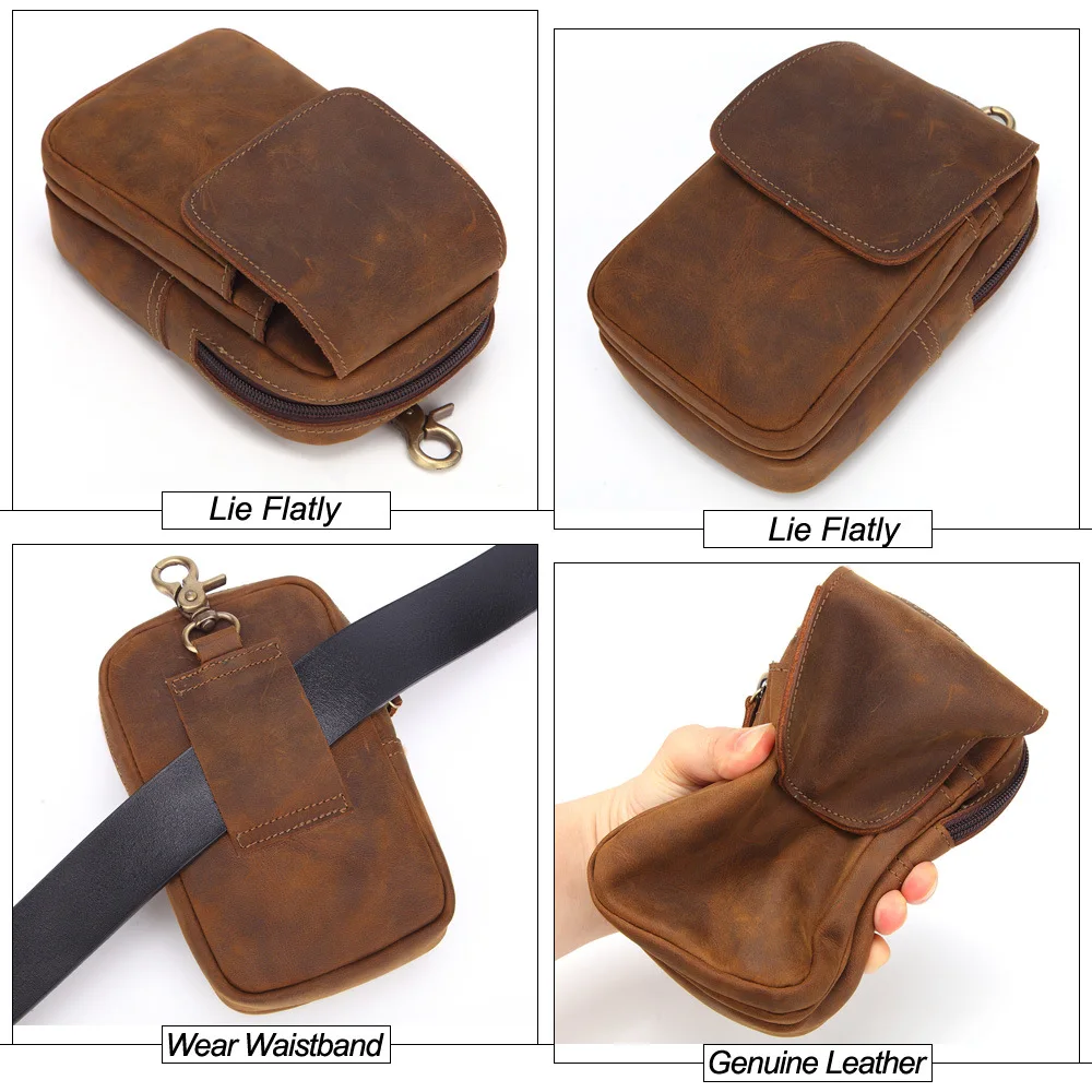 100% Cowhide Free Custom Name Waist Bag for Men Crazy Horse Genuine Leather Phone Pouch Outdoor Hanging Bag with Belt Fanny Pack