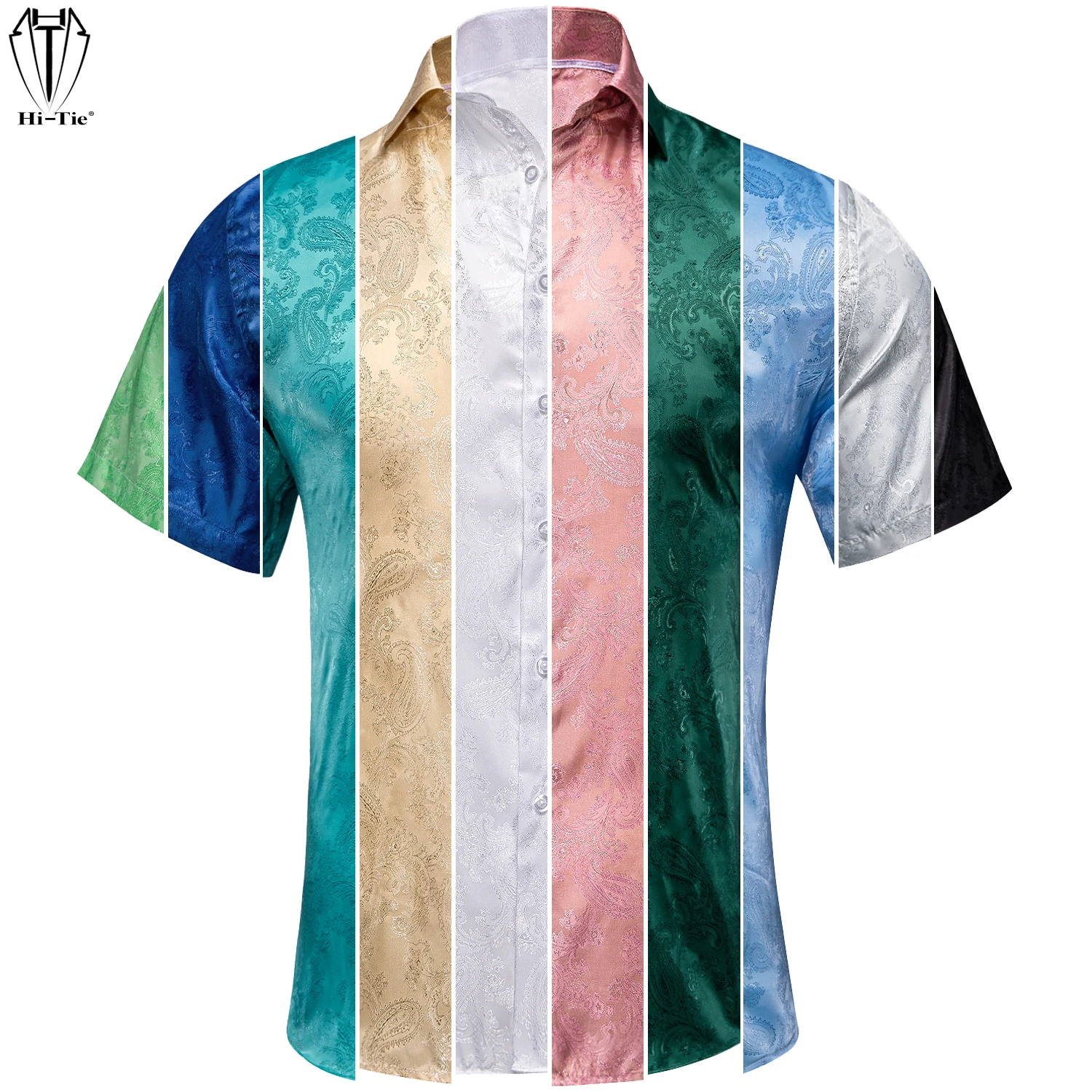 

Hi-Tie 26 Colors Silk Mens Shirts Jacquard Short Sleeve Shirt For Men Summer Beach Cool Outerwear Breathable Casual S to XXXL