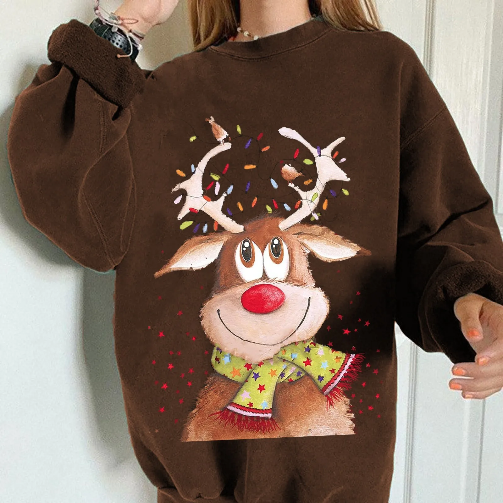 

Женский Рождественский пуловер с милым принтом, Свободный пуловер с круглым вырезом, свитшоты с длинным рукавом, топ с милым рождественским принтом, Свободный Топ с круглым вырезом