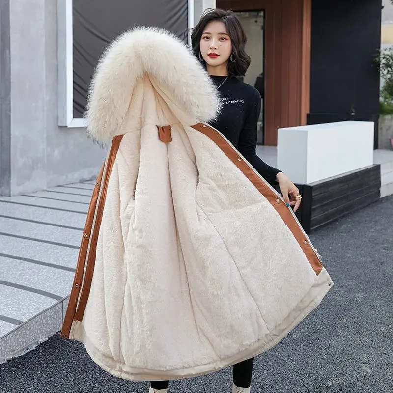 2022 Fleece Thick Women's Parka New Slim Waist Drawstring Big Fur Collar Splicing Outwear Casual Winter Jackets Female Coats Top