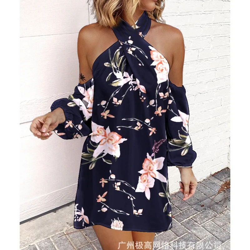 

Women's Dress Sexy Loose Pullover Halter Spaghetti Strap Backless Dress Women's Printed Sleeveless Dress
