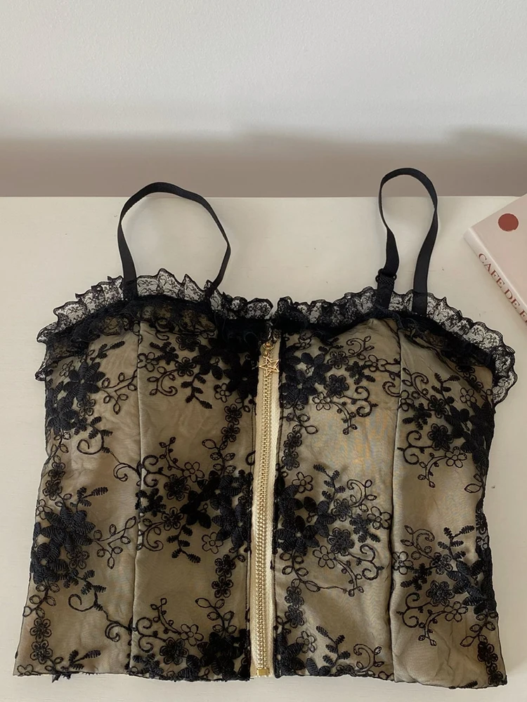 

Tank Tops Women Patchwork Floral Lace Short Camisole Female Zipper Sleeveless Slim Thin 2022 Summer Fashion New Cropped Feminino