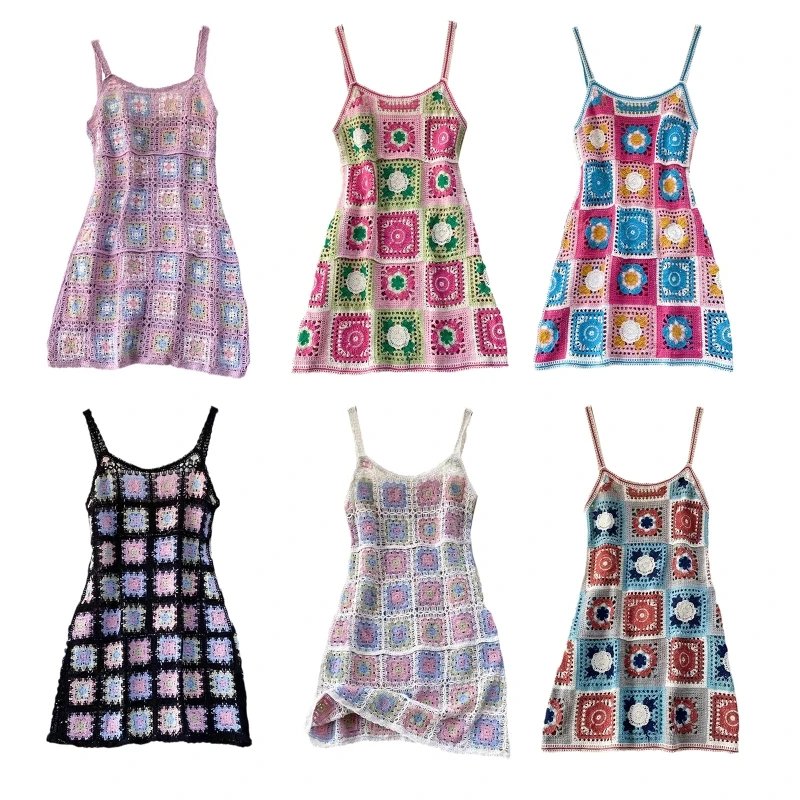 

Женское пляжное вязаное платье миди на бретелях-спагетти для отпуска, летнее ажурное платье-трапеция в стиле бохо с цветным цветочным принтом и открытой спиной, 10CD