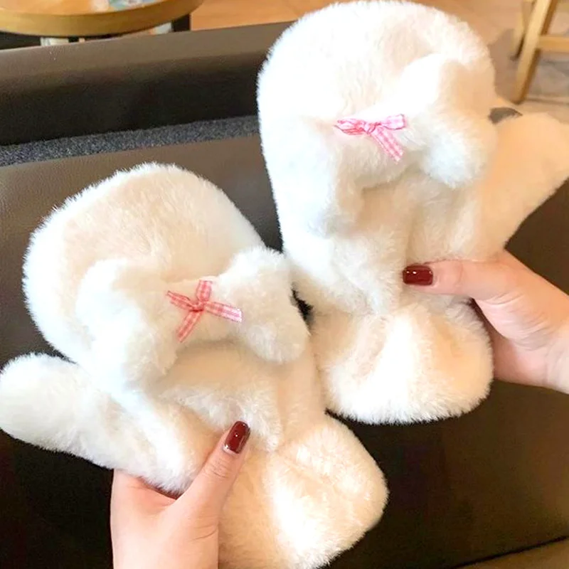 

Милые плюшевые теплые перчатки варежки мягкие зимние плотные перчатки без пальцев для женщин и девочек пушистые перчатки с бантом