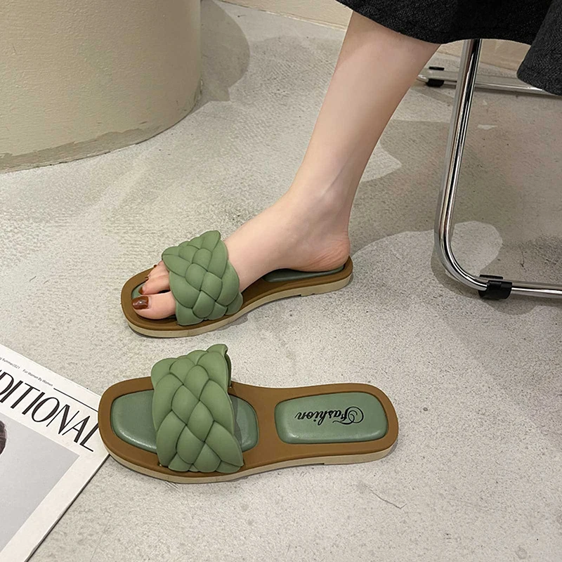 New Women Slippers Outdoor Beach Casual Fashion Sandals Summer Flat Solid Color Weave Flip Flops Female Indoor Shoes