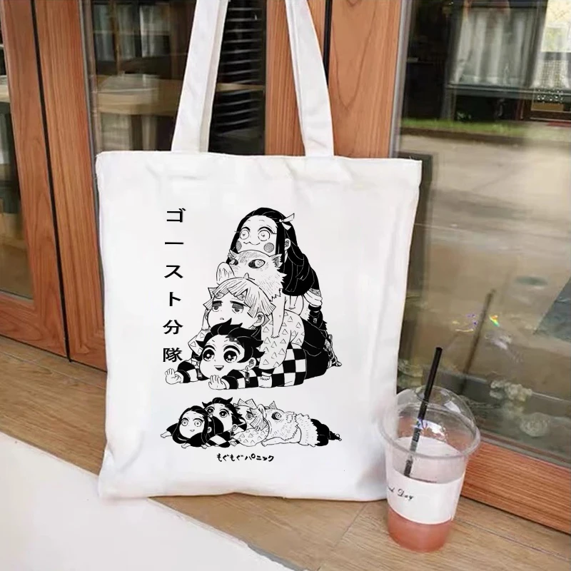 

Сумки-шопперы для покупок, экологически чистая Складная вместительная сумка-тоут с аниме «рассекающий демонов» для повседневного использования, сумочки на ремне в стиле Харадзюку