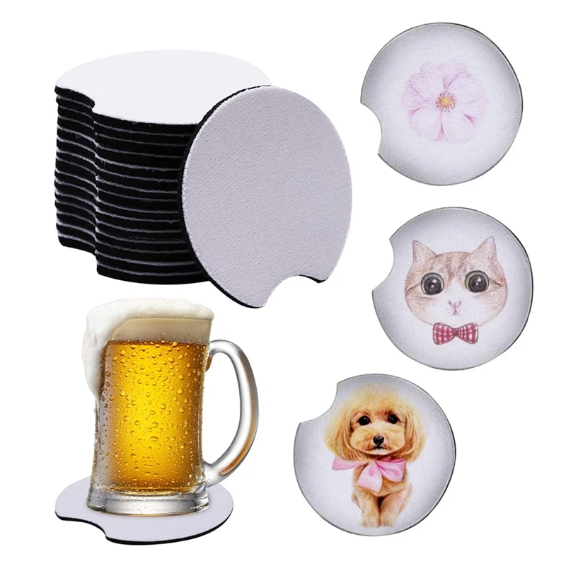 

20PC Sublimation Blanks Car Coasters DIY Painting Cup Coasters -Circular Opening Cup Holder Pad For Printing Picture DIY