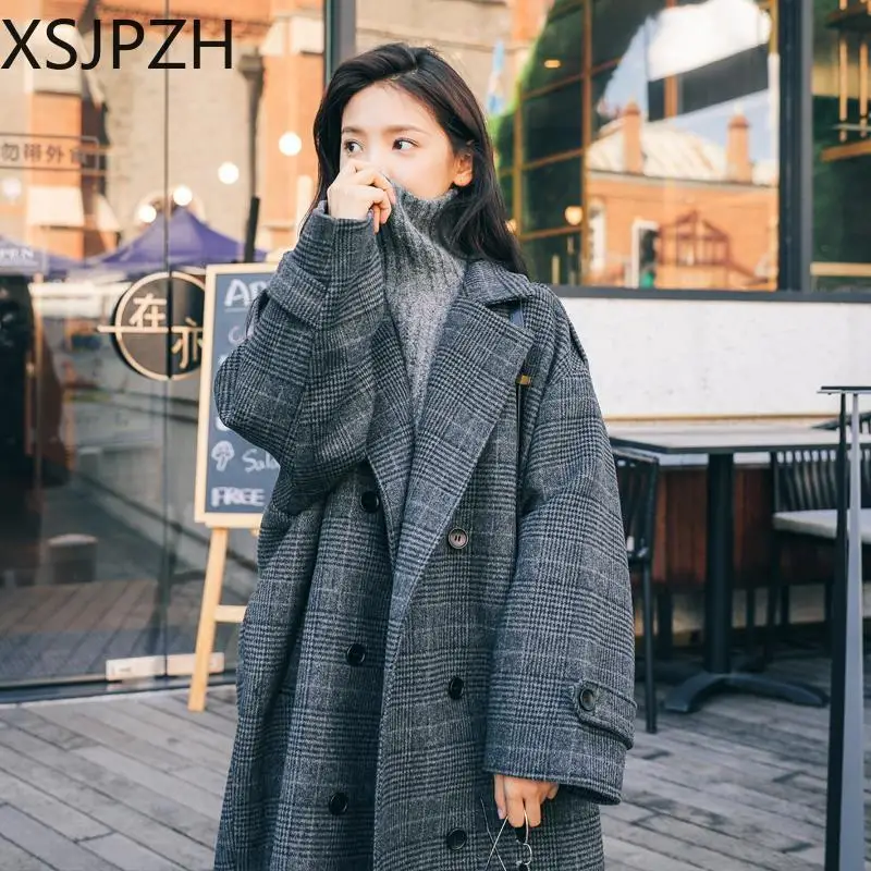 

XSJPZH-Women's Hepburn Wind Coat, Plaid Coat, Long Style, Loose, Knee Length, French, Korean Version, Spring, Autumn, New, S-2XL