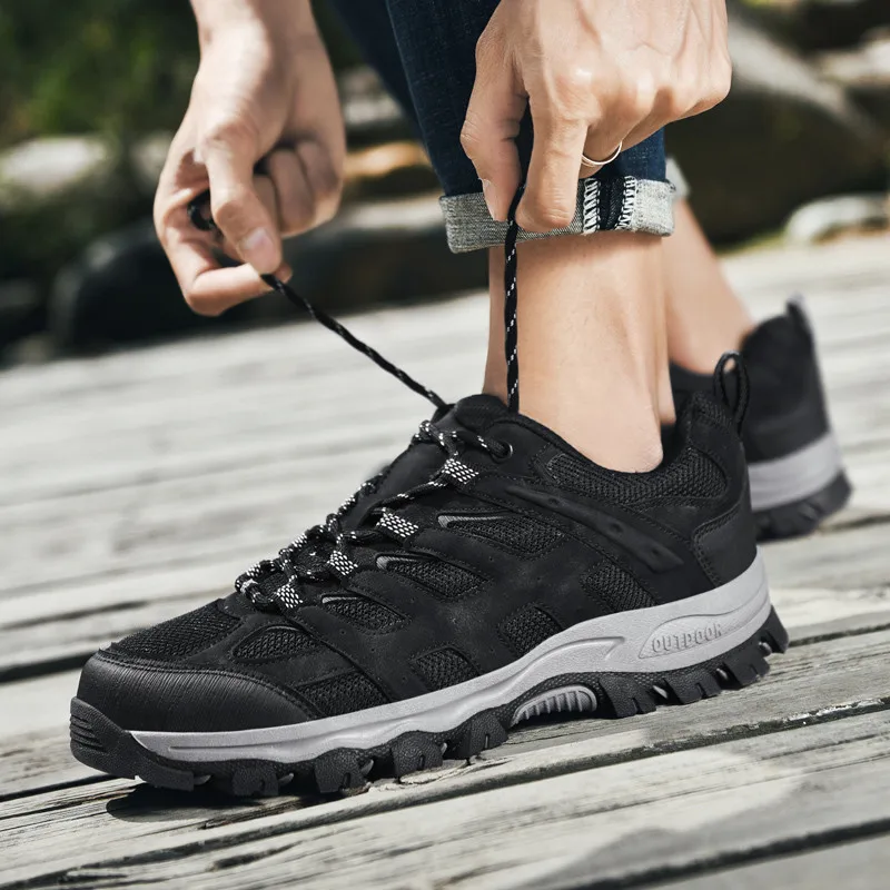 New Grey Hard-wearing Men Trekking Shoes Breathable Mesh Men Hiking Shoes Platform Anti-slip Men Outdoor Sneakers Plus Size 47