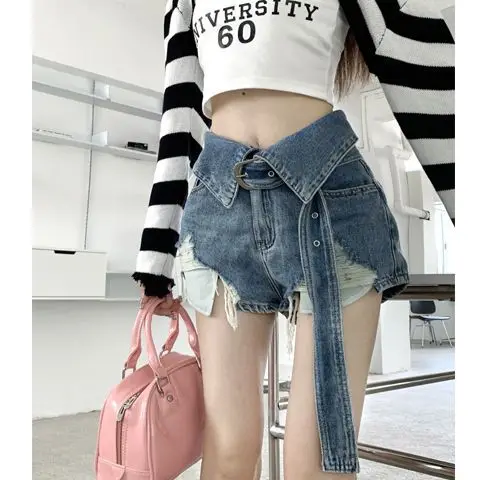 

XUAN PhD Hot Girl Make Old Ripped Jeans Spring Summer Ins High Waist and Slim Design Wide-leg Pants Vintage Ladies Bermuda Short