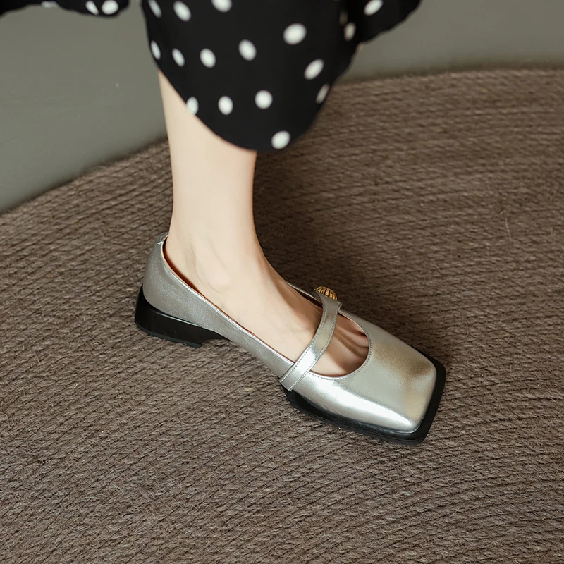 34-40 large size silver women's shoes cow leather middle heel thick heel square head sheepskin insole buckle lace women's shoes