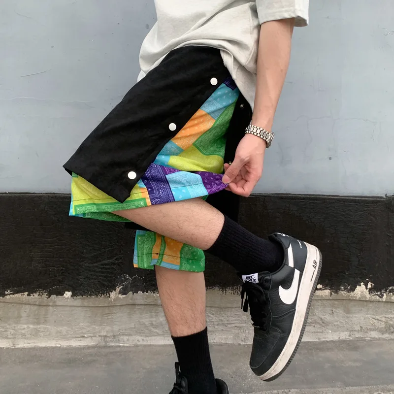 

Men Clothing 2022 Ins Breasted Five-point Pants Fake Two-piece Printed Men's Loose High Street Shorts Summer Casual Pants