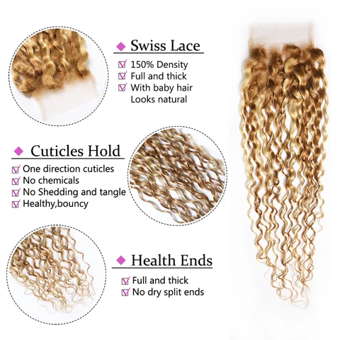 Maxine хайлайтер воды волны кружева закрытия только человеческие волосы P27/613 HD кружева закрытия воды волнистые вьющиеся волосы закрытия 100% человеческие волосы