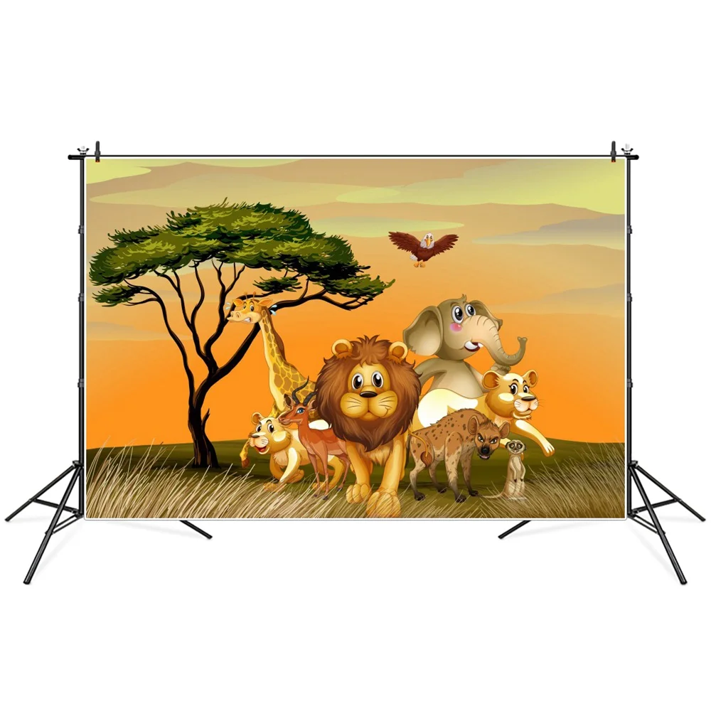 

Dusk Grassland Animals Safari Party Decoration Photography Backgrounds Lion Eagle Giraffe Tree Baby Zoo Birthday Photo Backdrops