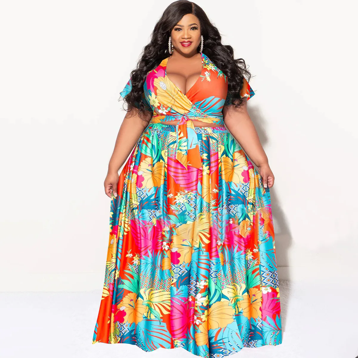 

Женский комплект из 2 предметов, винтажный топ с V-образным вырезом и коротким рукавом и пикантная длинная юбка на шнуровке, элегантный пляжный костюм в богемном стиле для отпуска