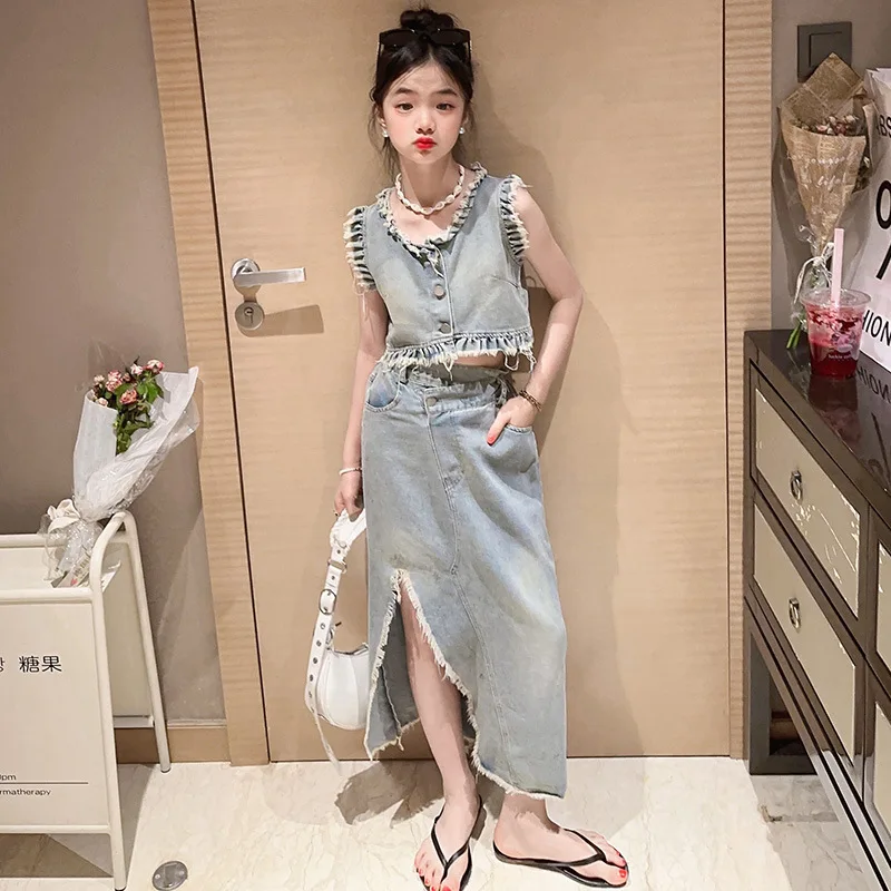 

summer korean teenage girls clothes set Soft denim vest+Irregular denim skirt 2pcs 4-15T kids Denim skirt suit children outfit