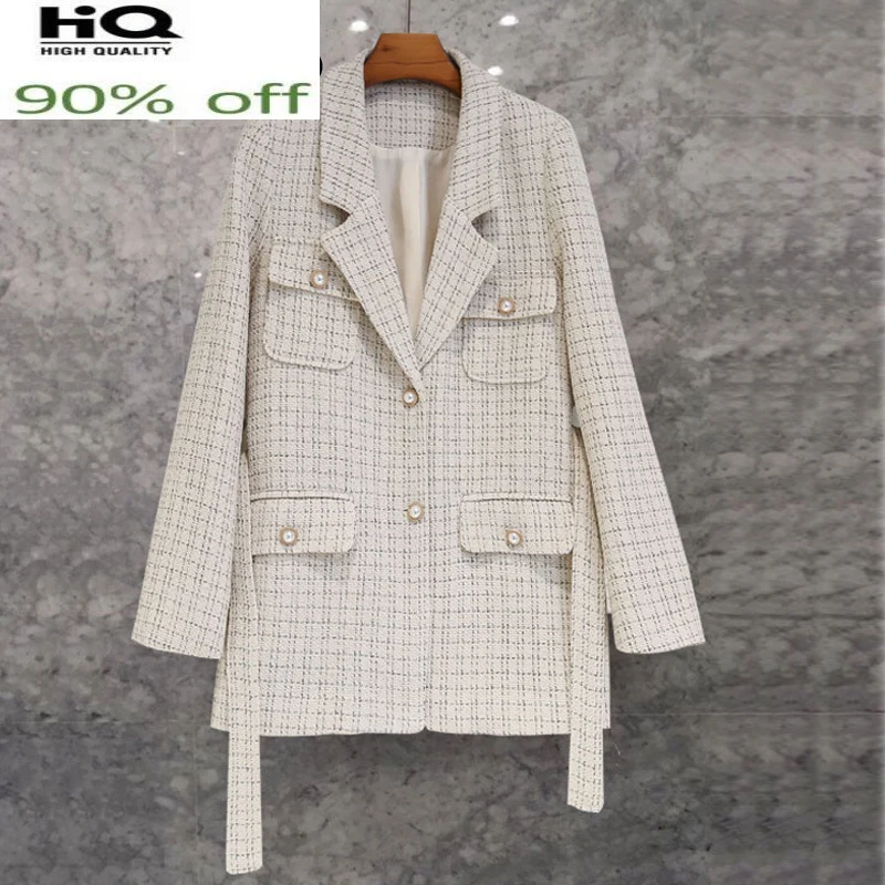 

Plaid Apricot tweed Double breasted one-piece Autumn/winter women's jacket Belted Small Fragrant Wind ladies coat