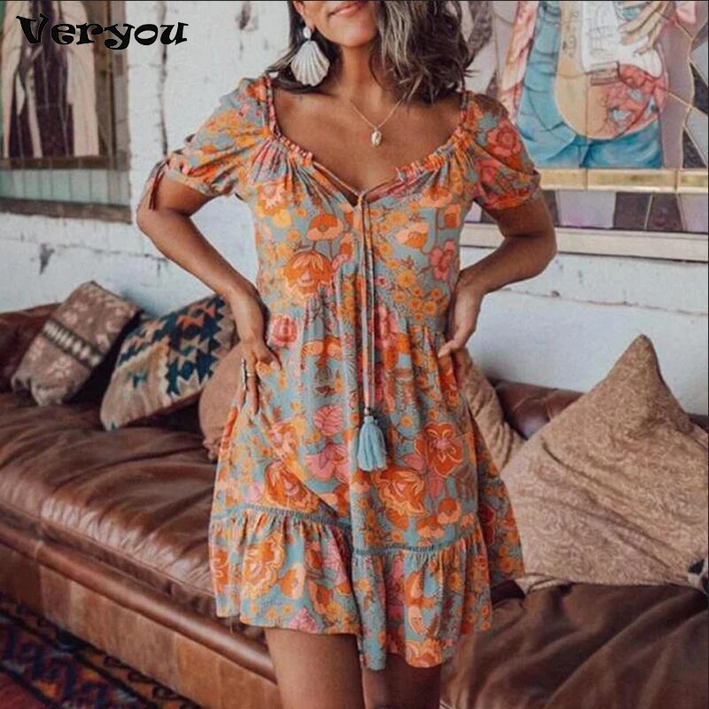 

2022 New Boho Ruffles Orange Floral Summer Bohemian Dress Vintage V-neck Short Sleeve Dresses Holiday New Women Sexy Dress