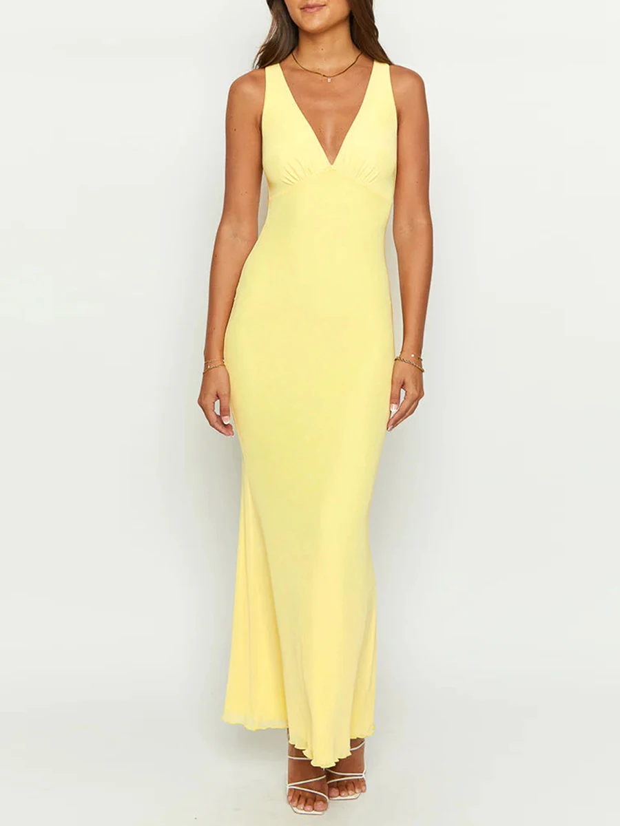 Женское летнее длинное облегающее платье с глубоким V-образным вырезом и