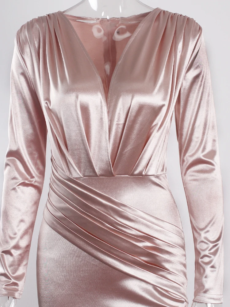 Женское атласное платье с юбкой-годе Бордовое V-образным вырезом длинным рукавом