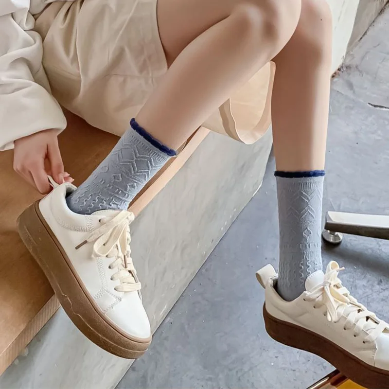 5 Pair Women Socks Wholesale Lot Geometric Patterns Winter Long Cotton Lolita Fashion Socks Set Girl Style Kawaii Sokken Vrouwen