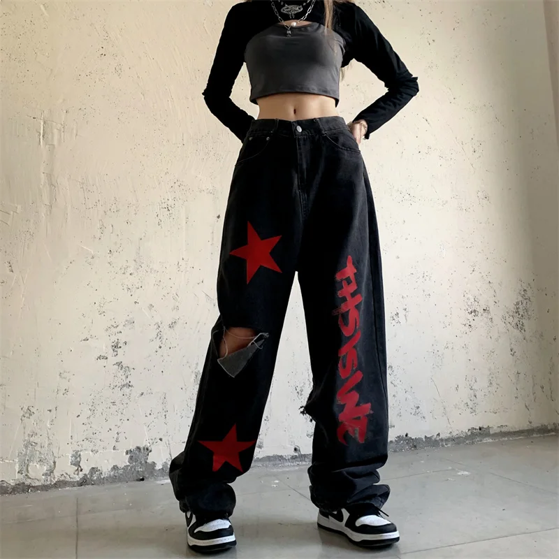 

y2k Women RippedDenim PantsHigh Waist Vintage Streetwear Pentagram Straight Baggy Trouser Fashion Casual New Autumn Wide Leg