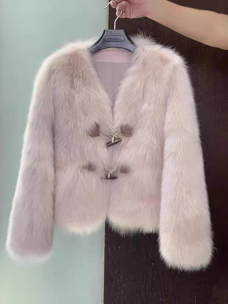 Женское пальто из лисьего меха и травы осенне-зимний новый стиль дизайн с пряжкой