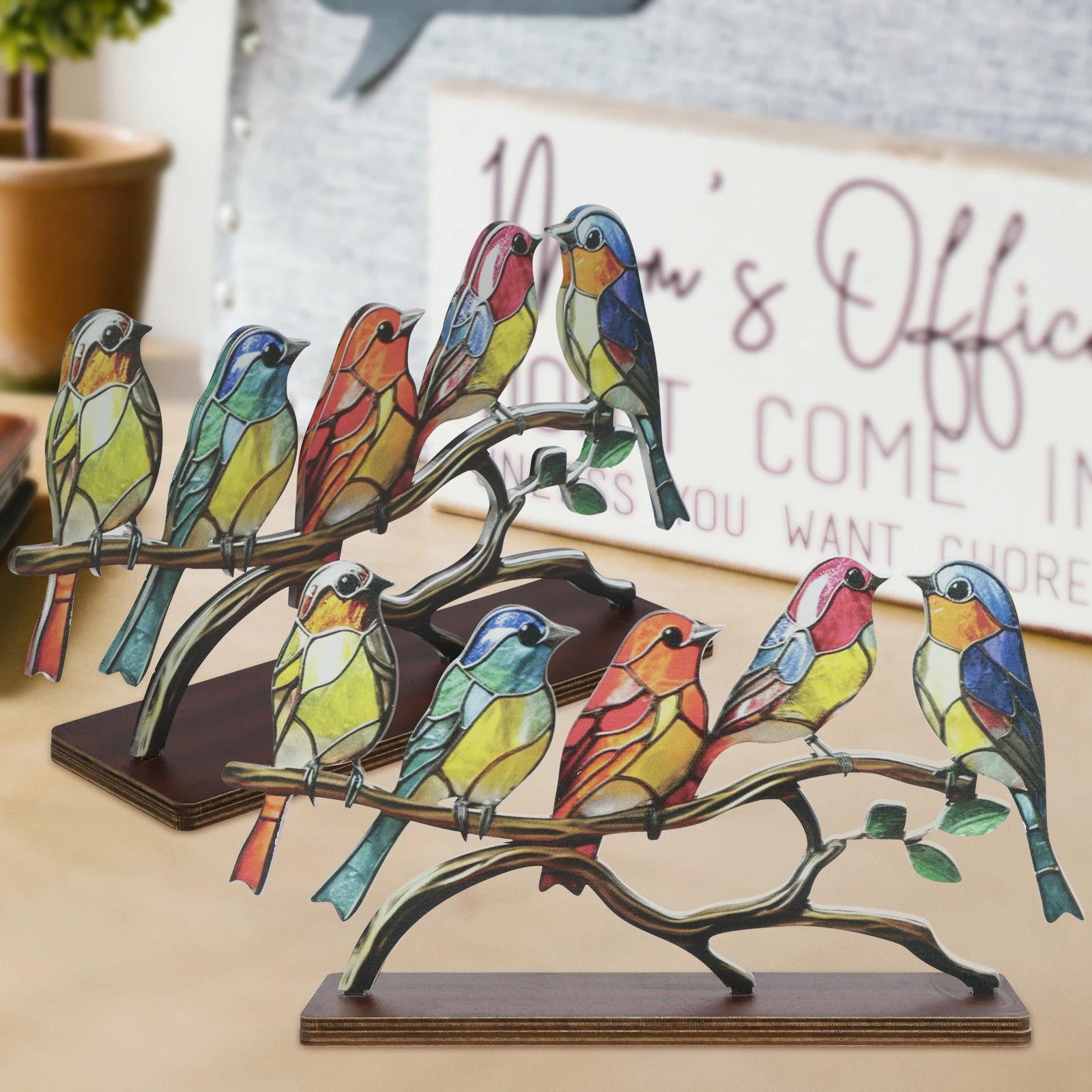 

2Pcs Birds on Branch Desktop Ornaments Colorful Vivid Birds on Branch Figurine Decorative Acrylic Flat Surface Birds Statue Gift