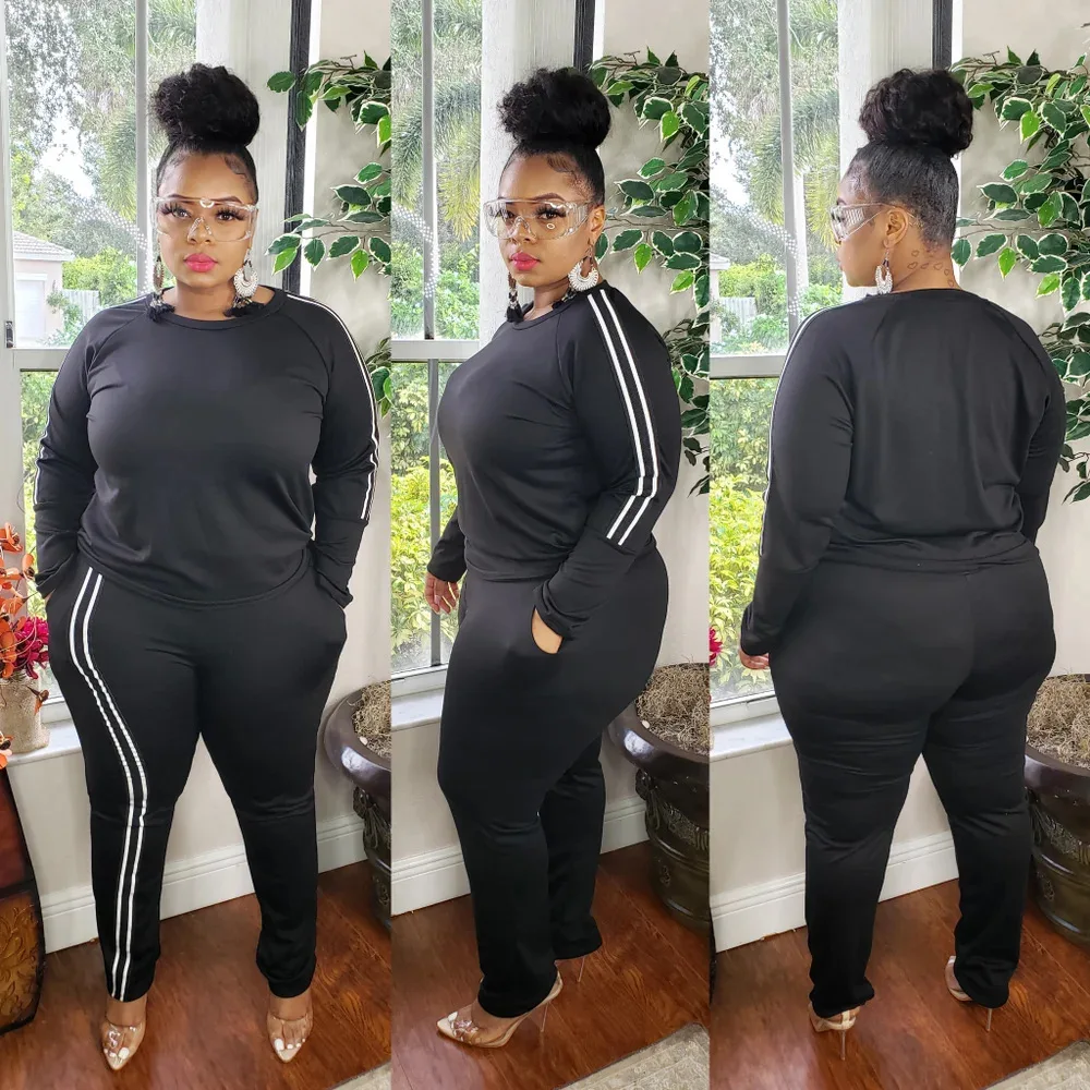 Plus Size Women Sets Long Sleeve Strip Shirts And Pants 2022 Autumn Two Piece Sets Fashion Female Club Wholesale Clothes