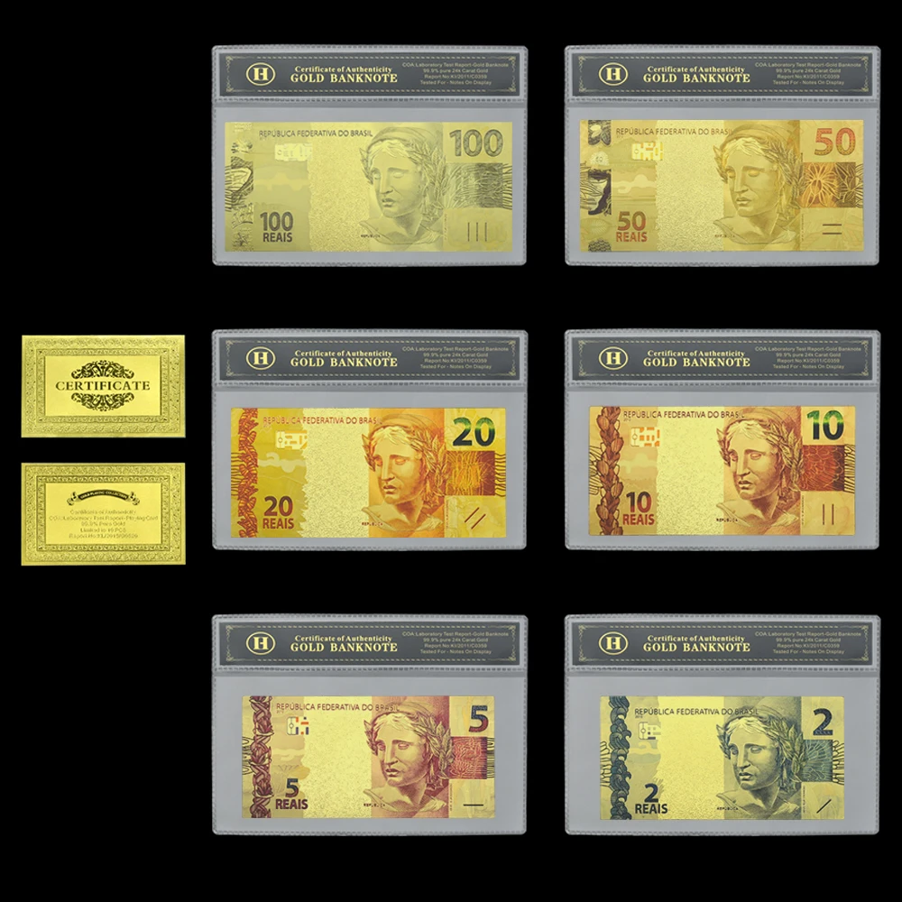 

6style Brazil Gold Banknotes 2 5 10 20 50 100 REAIS Uncurrent Fake Paper Money with Plastic Card Holders Collect Gift