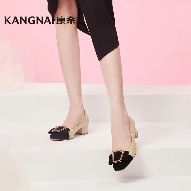 

Kangnai Pumps Women Cow Leather Square Toe Shallow Slip-On Bow-Knot Mixed Colors Office Lady Thick Heels Shoes