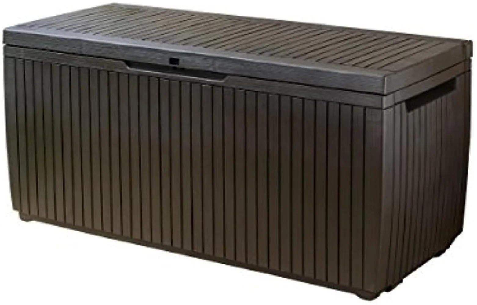 

Keter Springwood 80 Gallon Resin Outdoor Storage Box for Patio Furniture Cushions,Pool Toys, and Garden Tools with Handles,Brown